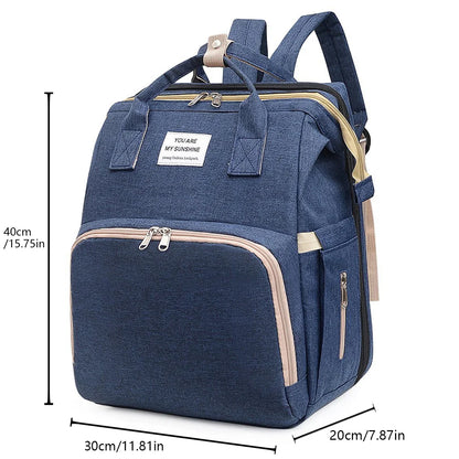 Foldable Diaper Bag with Changing Station – Large Capacity Mommy Backpack with Insulated Pocket, Multifunctional Baby Travel Bag with Bed & Double Shoulder Straps