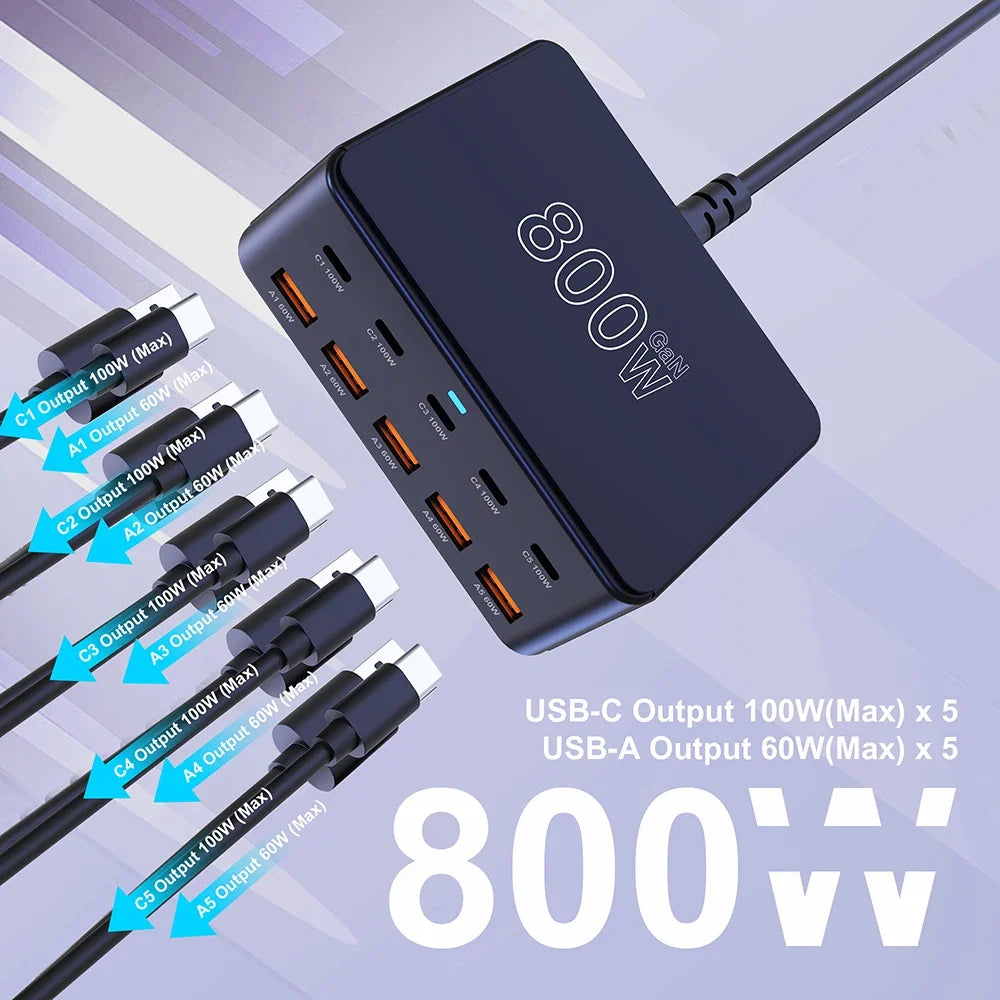 800W USB-C GaN Fast Charger - 100W PD3.0 PPS QC3.0 Multiport Charging Station for iPhone, Samsung & Laptops