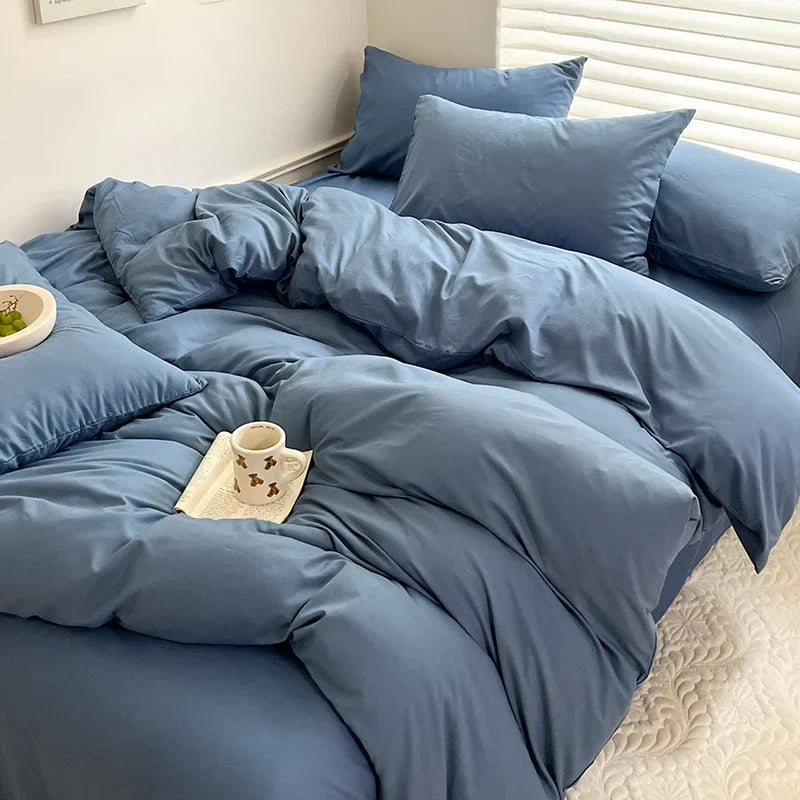 Solid Cotton Bedding Set - Sheet, Duvet Cover & Pillowcase, Single/Double/Twin/King/Queen Size