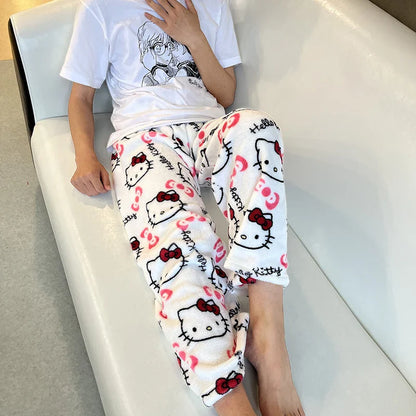Hello Kitty Black Anime Flannel Pajamas - Women's Warm and Cozy Casual Home Pants