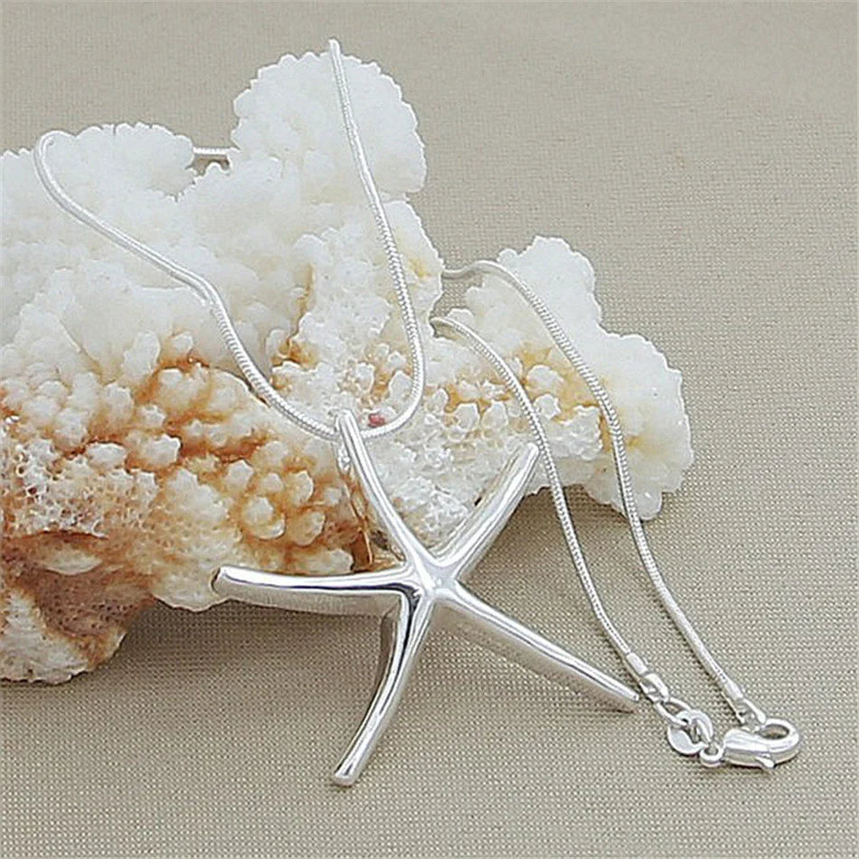 925 Sterling Silver Star & Starfish Charm Necklace — 40–75cm Length, Fashion Jewelry for Women, Ladies, Wedding & Party