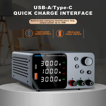 30V 10A Adjustable DC Lab Power Supply – 4-Digit LED Display, USB-A/Type-C 5V/3.6A Fast Charge with Encoder Control
