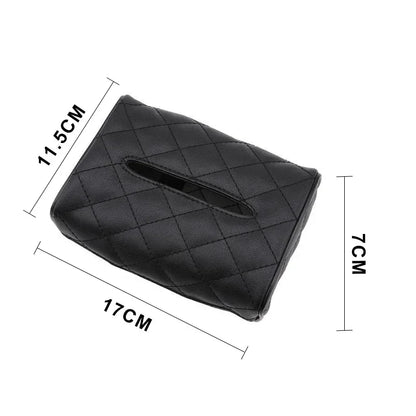 Checkered Leather Car Tissue Box – Solid Color, Wear-Resistant Sunshade Hanging Bag with Buckle Strap, Easy Installation