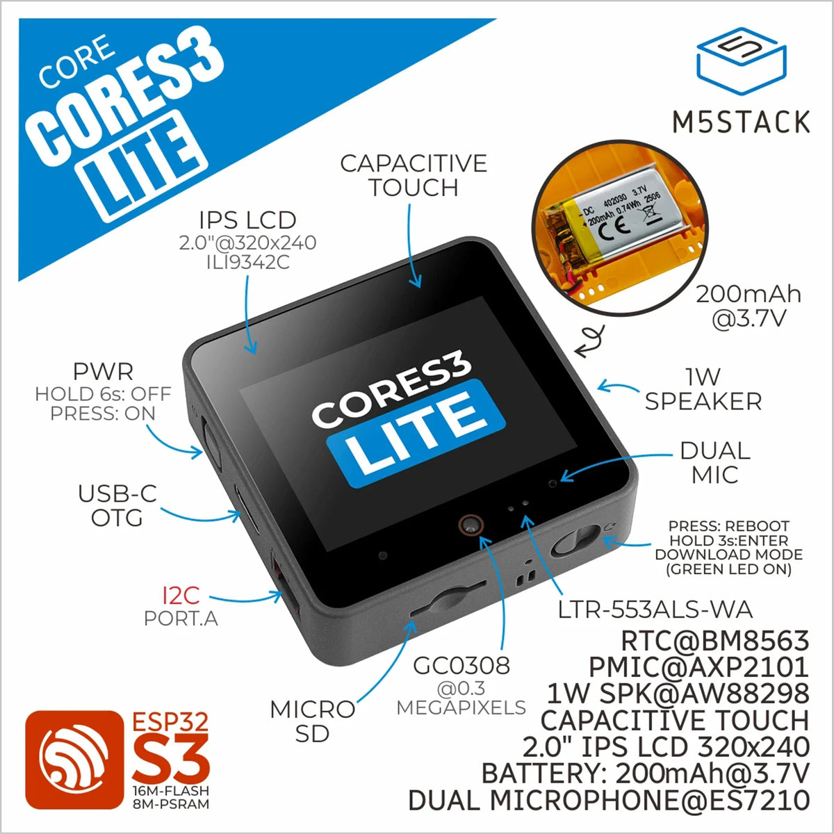 M5Stack CoreS3 Lite ESP32-S3 IoT Development Kit – Official Smart Controller Board for Wireless & Embedded Projects