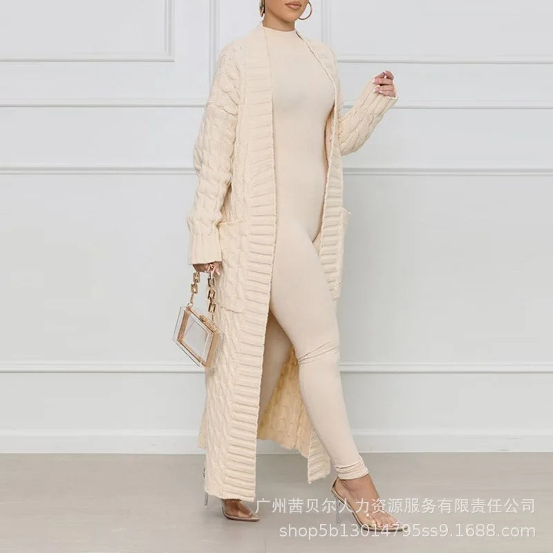 Open Front Cable Knit Longline Cardigan for Women – Long Sleeve, Loose Fit, Casual Fashion Knitwear, Solid Color