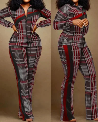 Women’s 2023 Autumn Two-Piece Set – Geometric Print Stand Collar Zip-Up Top & Casual Sporty Pants