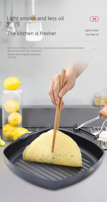 Foldable Portable Grill Pan – Double-Mouth Steak Pan with Anti-Scald Wooden Handle for Outdoor Cooking