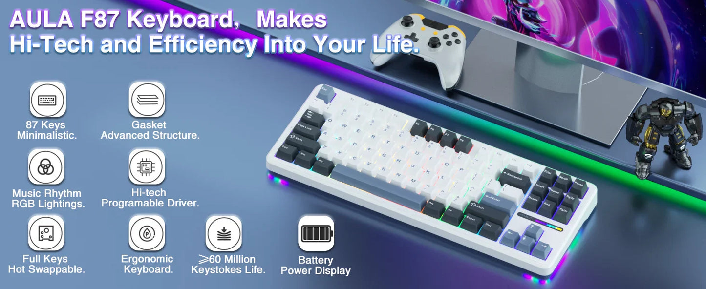 AULA F87 Pro 75% TKL Mechanical Gaming Keyboard – Wireless, Hot-Swap, RGB, Bluetooth, Gasket Mount, New 2024 Colors