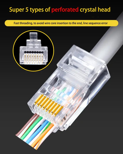 50 PCS RJ45 Cat6 Connectors — Unshielded Perforated Crystal Head for Network Cables