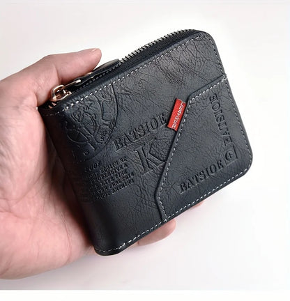 Men’s PU Leather Wallet – Wax Oil Skin Short Purse with Zipper, Coin Pocket & Card Holder