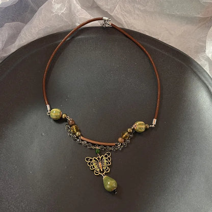 Vintage Natural Stone Pendant Necklace - Brown Geometric Long Leather Rope Chain Jewelry Gift for Women