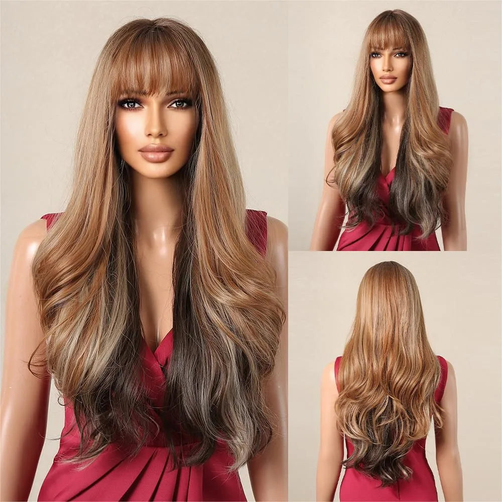 Ombre Honey Brown Long Synthetic Wig with Bangs — Wavy, Realistic, Soft, Heat-Resistant Hair for Daily & Party
