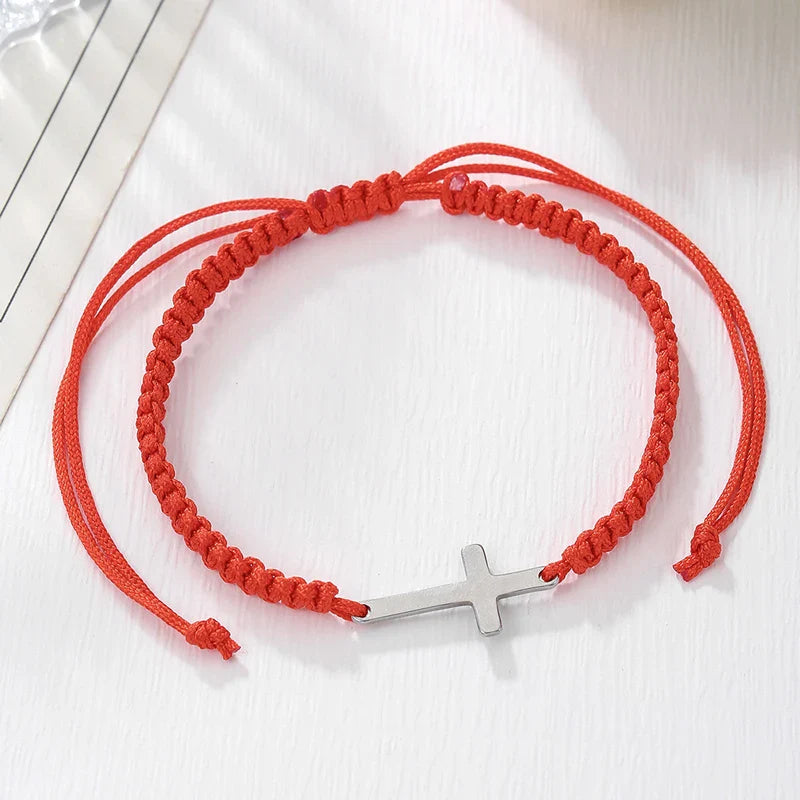 Adjustable Stainless Steel Cross Bracelet with Handwoven Colored Cord – Unisex Couple Friendship Jewelry