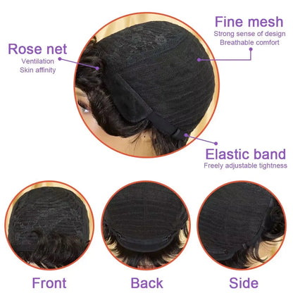Pixie Cut Human Hair Wig for Women – Short Layered Wig with Bangs, Brazilian Real Full Machine-Made Hair Replacement