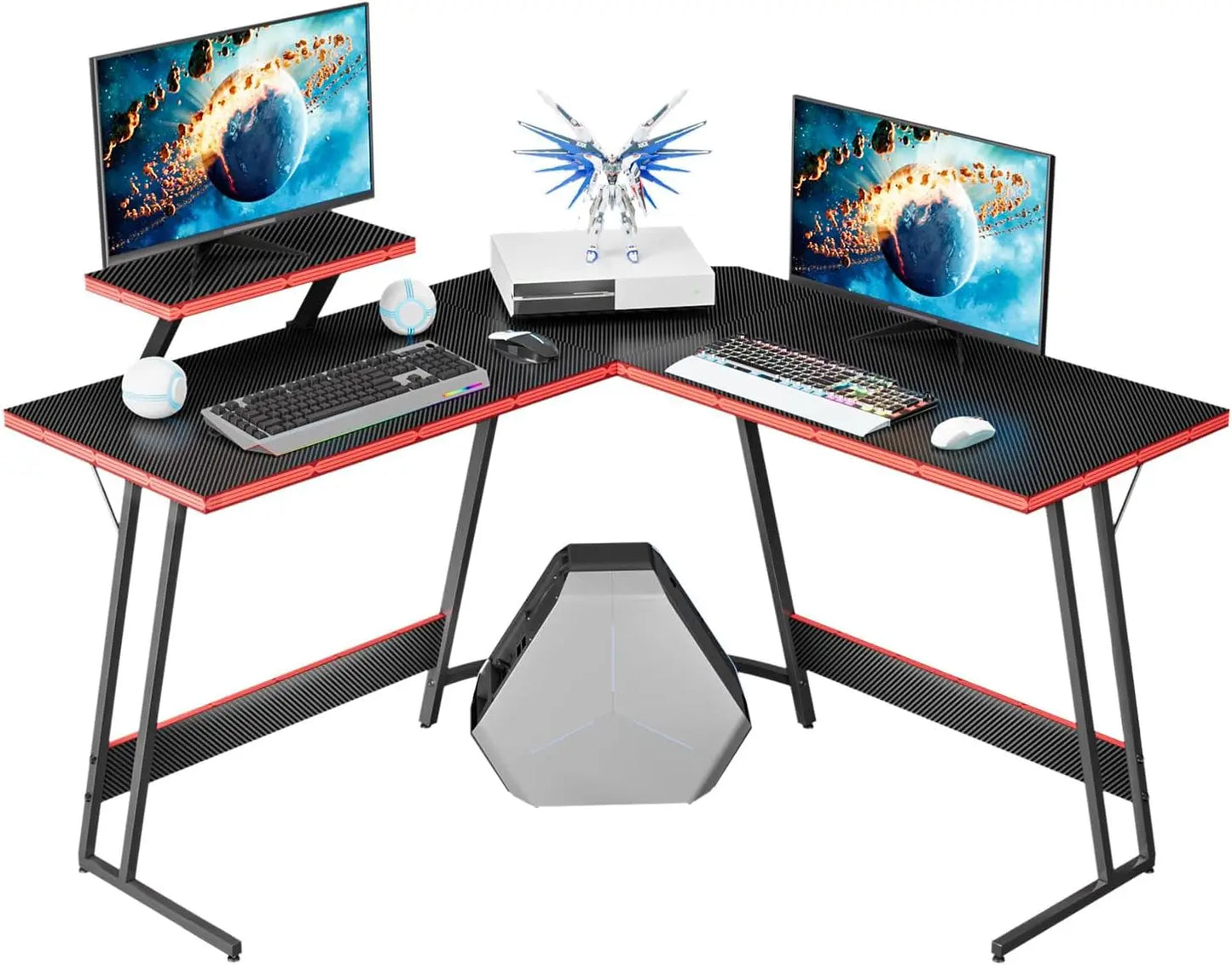 PC Gaming Desk with Large Monitor Riser – L-Shaped Corner Desk, Sturdy Writing Workstation for Office & Computer