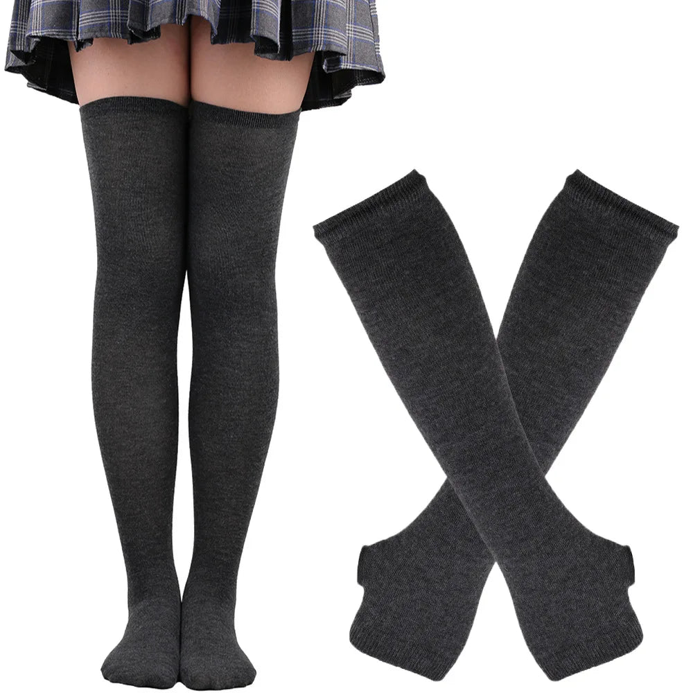 Women & Girls Over Knee Long Stripe Printed Thigh High Cotton Socks – Cute Plus Size Arm Sleeve Gloves & Overknee Socks