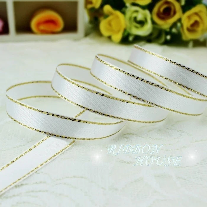 25 Yards 10mm Satin Ribbon with White & Gold Edge - High-Quality Gift Packaging Ribbon
