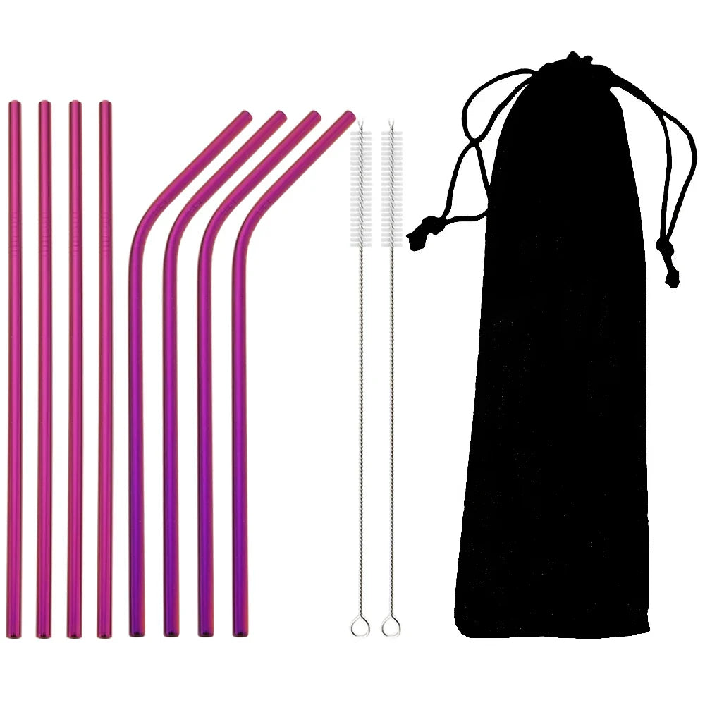 Colorful 304 Stainless Steel Reusable Straws Set — Metal Drinking Straws with Cleaning Brush for Cocktails & Glasses