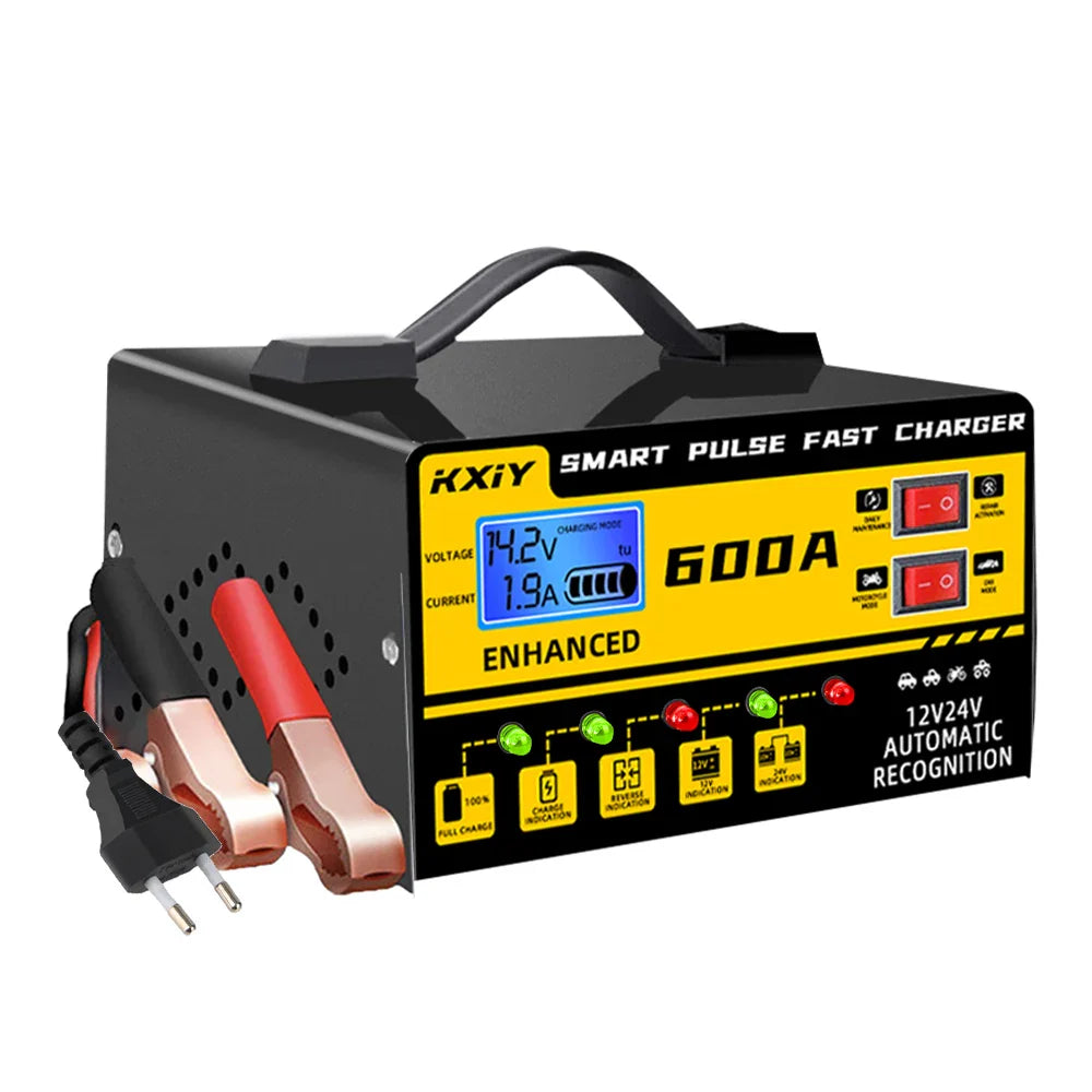 12V/24V Intelligent Car Battery Charger – 600A Digital LCD Pulse Repair with Automatic Stop & Temperature Detection