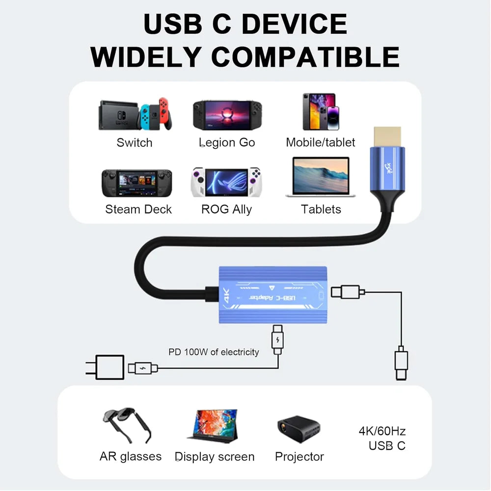 HDMI to USB-C 4K@60Hz Video Adapter – PC & Laptop Connector for Xreal Air, Rokid, VITURE, RayNeo AR/VR Glasses