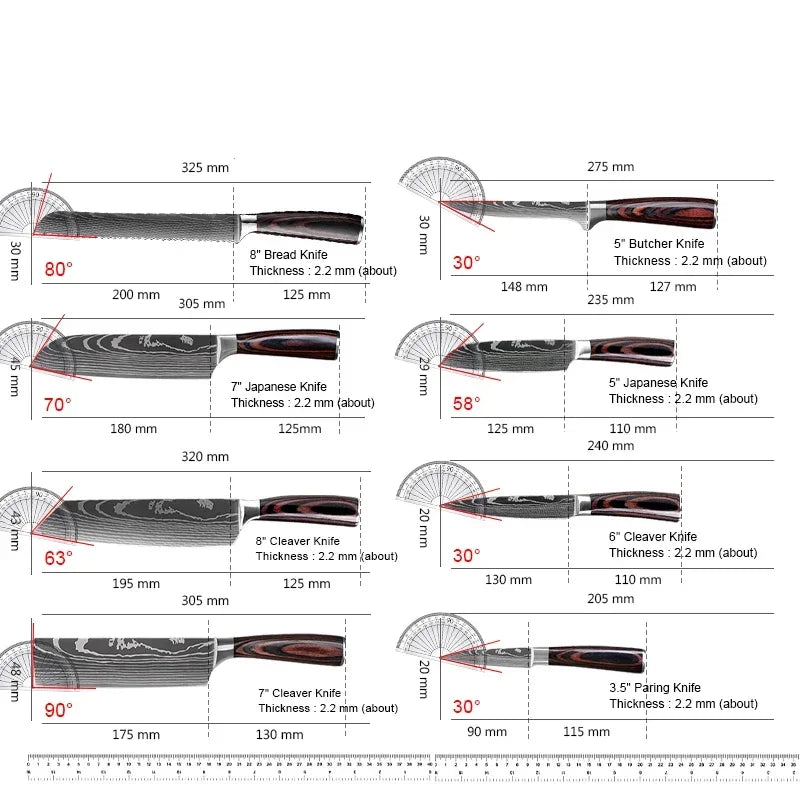 Laser Damascus Kitchen Knife Set – Cleaver, Meat, Fruit, Bread, Boning Knife and Chicken Scissors for Barbecue and Home Cooking