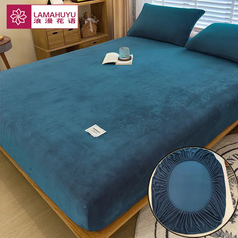 Soft Warm Plush Fitted Sheet – Elastic Coral Fleece Mattress Cover for Winter, Luxury Double Bed Bedding