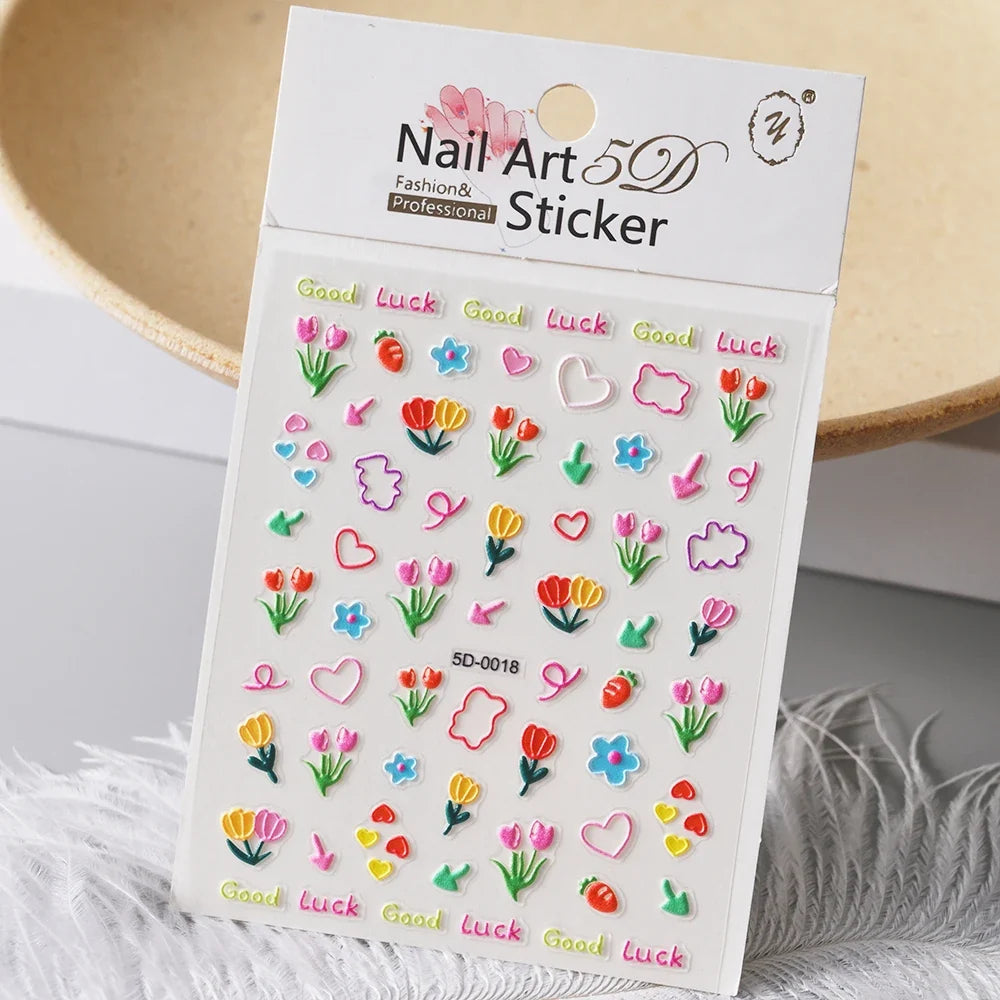 5D Macaron Nail Stickers - Embossed Flower, Fruit, Bear & Rabbit Charms for Summer DIY Manicure Decoration