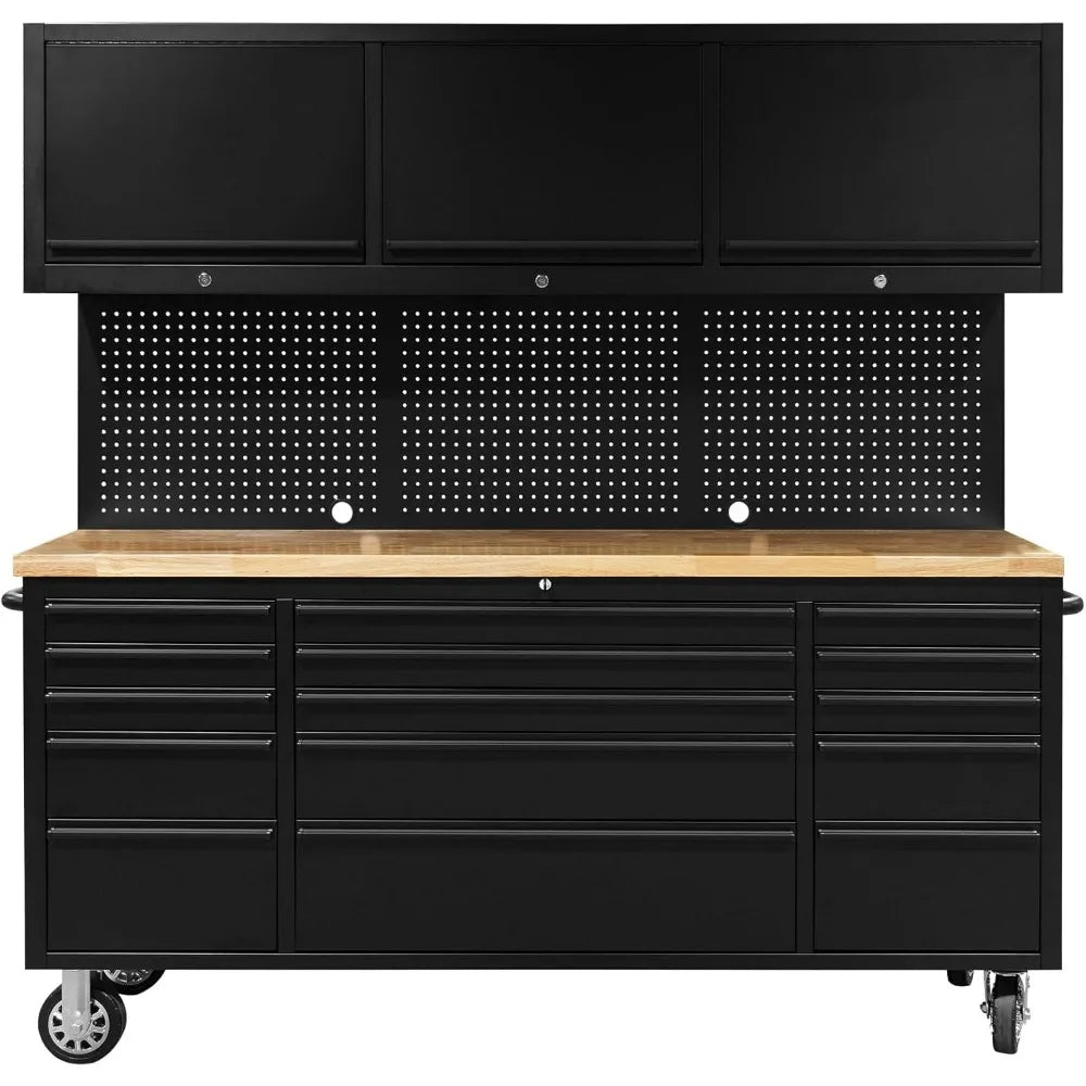 72-Inch Tool Chest Tool Box with 15 Drawers & 3 Upper Cabinets - Mobile Rolling Cabinet with Wheels, SS Pegboard, Locking Key Storage