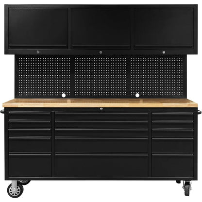 72-Inch Tool Chest Tool Box with 15 Drawers & 3 Upper Cabinets - Mobile Rolling Cabinet with Wheels, SS Pegboard, Locking Key Storage