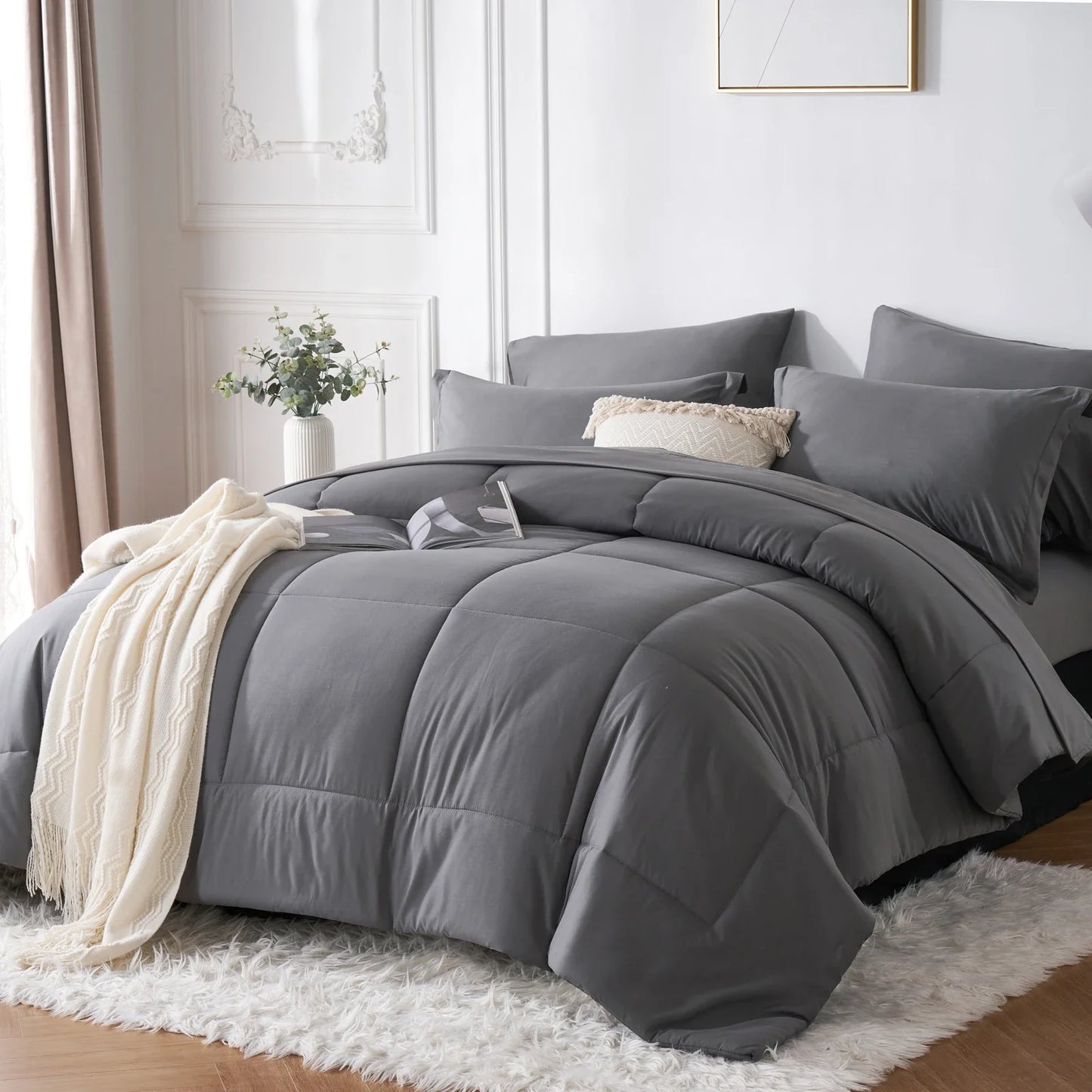 7-Piece Queen Bed-in-a-Bag Comforter Set — Solid Geometry Comforter, Sheets & Pillowcases, Stylish Bedroom Gift