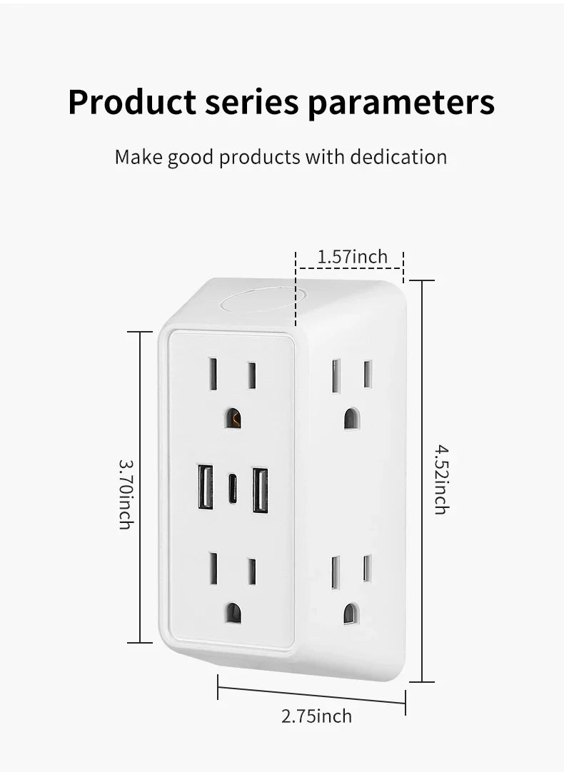 9-in-1 Power Strip – 2 USB Sockets, 1 Type-C Socket, 6 AC Sockets, Compact Wall Plug Power Expander