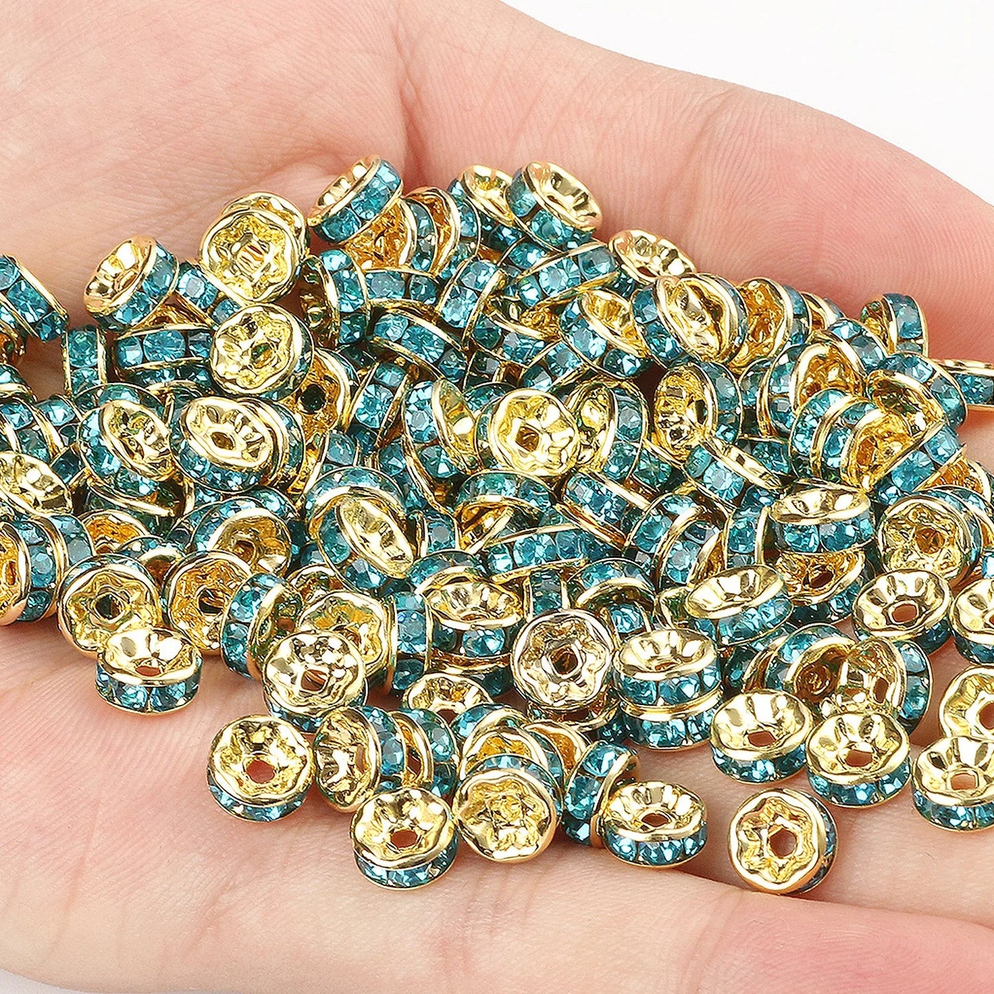50PCS Rhinestone Spacer Beads Set – Multi-Color Crystal Rondelle Metal Beads for DIY Jewelry & Bracelet Making