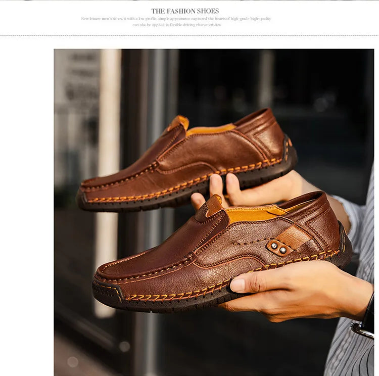 Handmade Leather Men’s Loafers – Casual Slip-On Flats, Comfortable Outdoor Walking Shoes