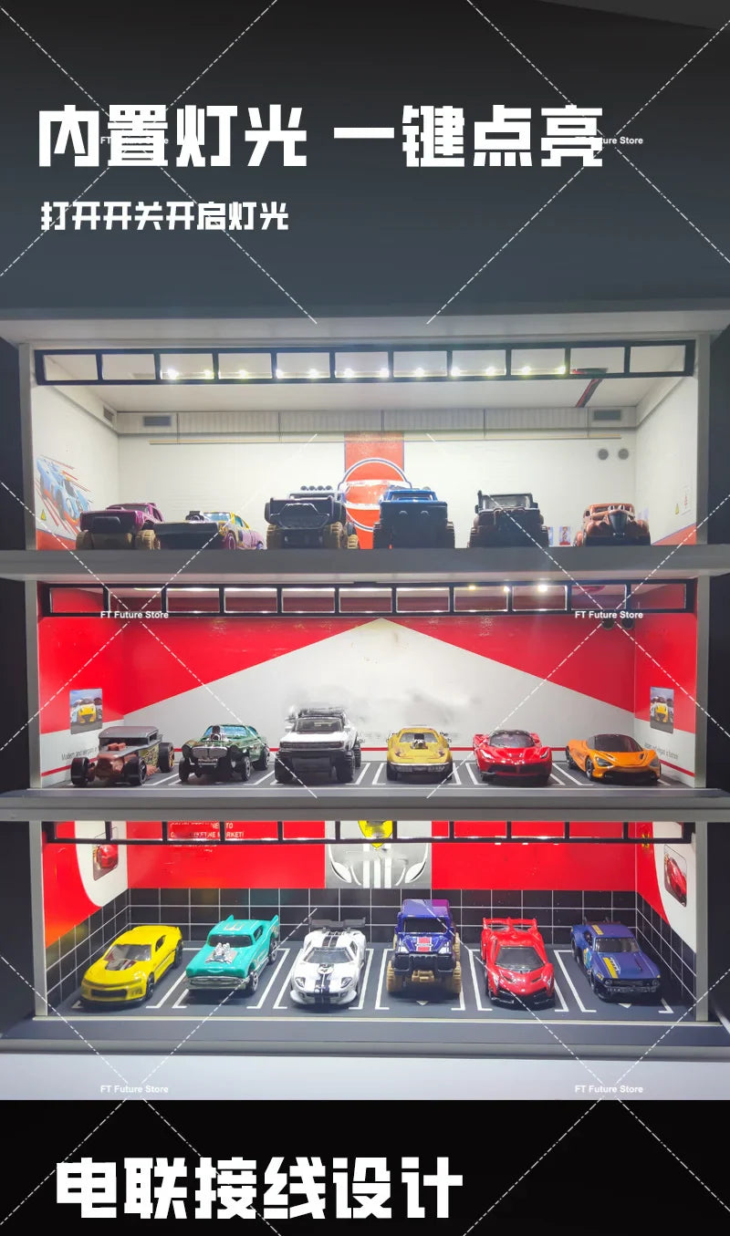 1:64 Scale Garage Scene Model with Lights – Assembled Parking Lot Diorama for Miniature Car Display