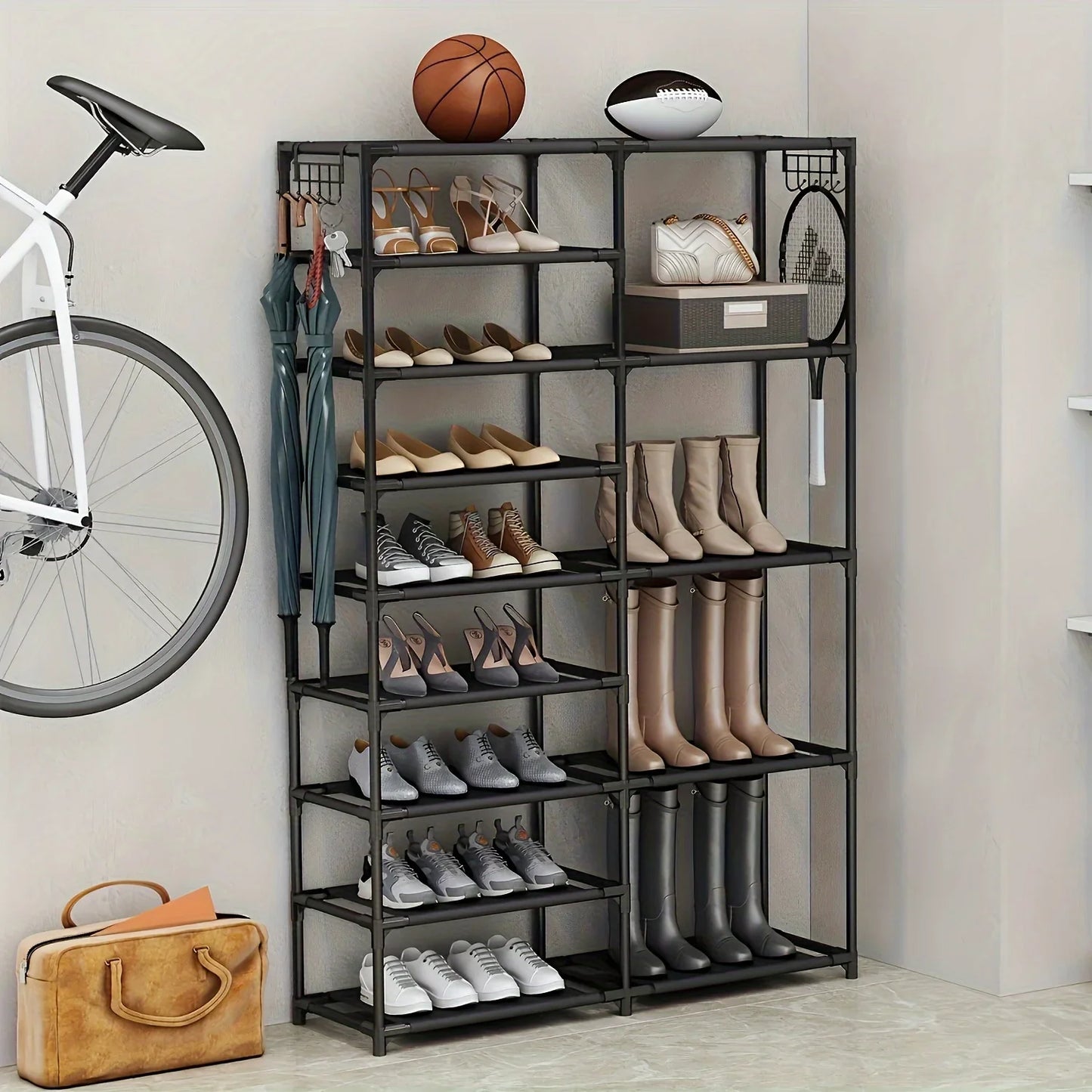 9-Tier Tall Shoe Rack with Hooks – Heavy Duty Vertical Organizer, Large Capacity Holds 24-35 Pairs, Black
