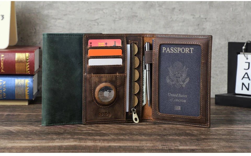 Genuine Cow Leather Passport Holder with AirTag Case – RFID Blocking Travel Wallet with Pen, Card Holder & Anti-Lost Pocket
