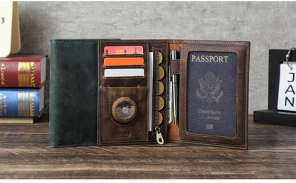 Genuine Cow Leather Passport Holder with AirTag Case – RFID Blocking Travel Wallet with Pen, Card Holder & Anti-Lost Pocket