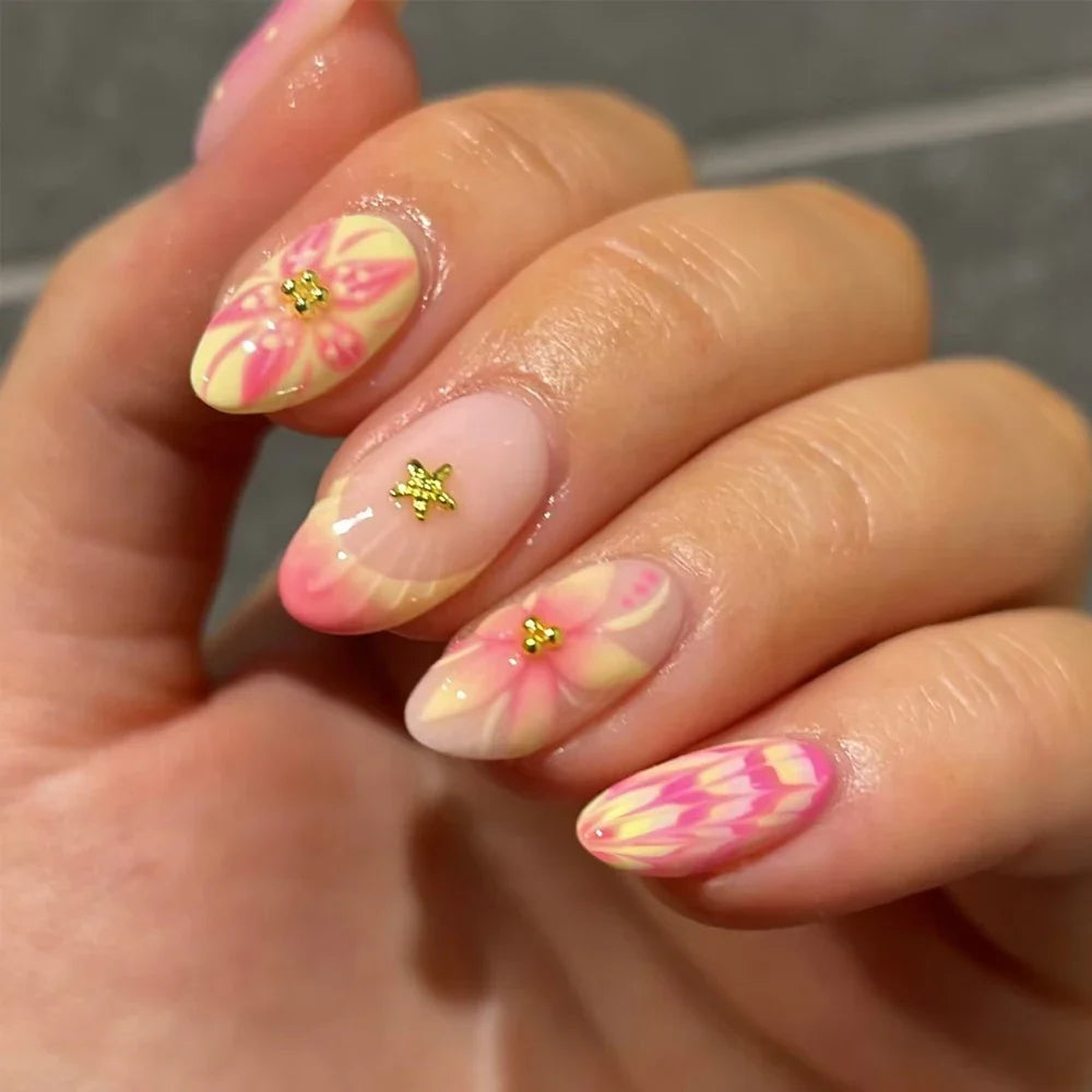 24pcs Short Oval 3D Gel Nail Stickers - Pearl Flower French Acrylic Press-On Nails for Easy Nail Art