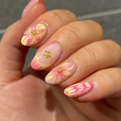 24pcs Short Oval 3D Gel Nail Stickers - Pearl Flower French Acrylic Press-On Nails for Easy Nail Art