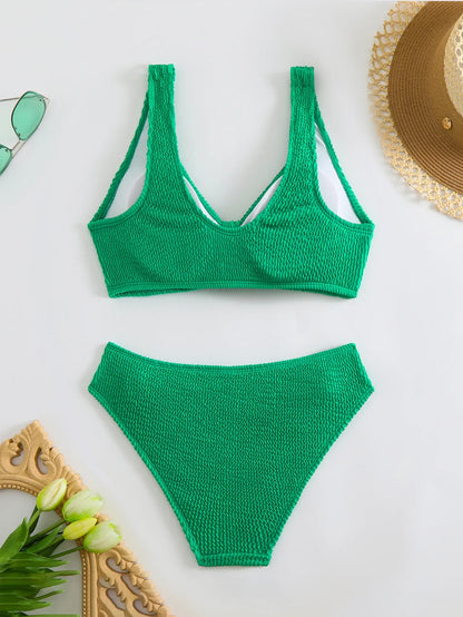 2025 Summer Women's Two-Piece Swimsuit – Solid High Waist V-Neck Backless Bikini Set Beachwear