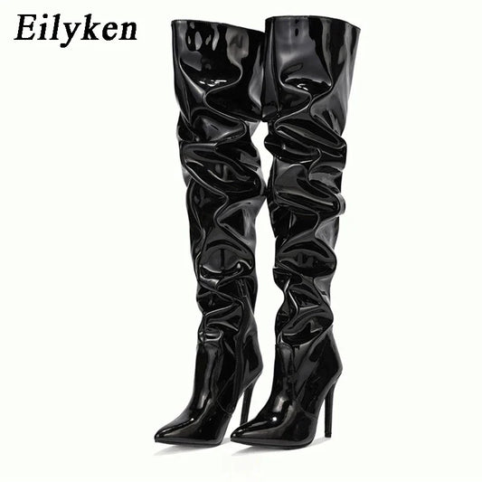 Eilyken Red Over-the-Knee Stiletto Boots for Women – Patent Leather Pointed Toe High Heel Zip-Up Shoes