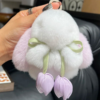 Cute Real Rex Rabbit Fur Keychain – Mini Bunny Pendant Bag Charm & Car Key Ring Plush Toy Gift for Women