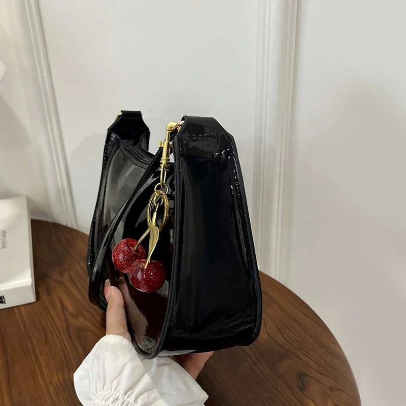 Women's PU Leather Shoulder Handbag – Solid Color Versatile Underarm Bag with Cherry Pendant Casual Commuting Purse