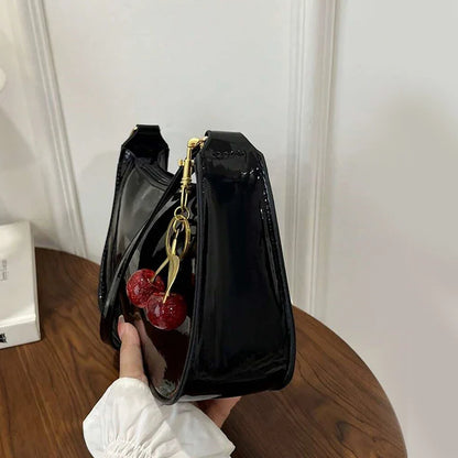 Women's PU Leather Shoulder Handbag – Solid Color Versatile Underarm Bag with Cherry Pendant Casual Commuting Purse