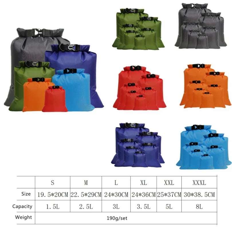 5PCS Waterproof Dry Bag Set – 1.5L to 8L Floating Packs for Swimming, Kayaking, Rafting & Outdoor Boating