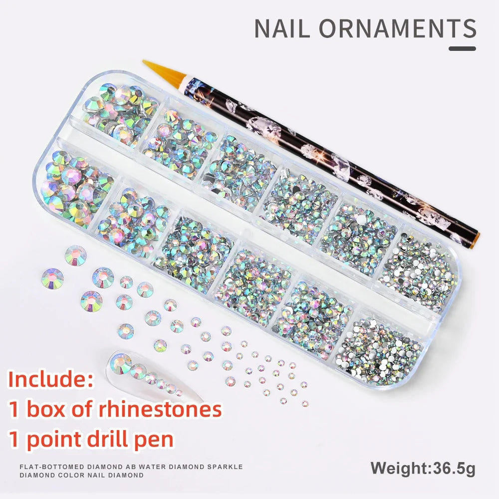 12-Grid 3D Glass AB Crystal Nail Art Rhinestones Kit – Flatback Round Beads with Tools for Nail Jewelry & Diamond Decoration