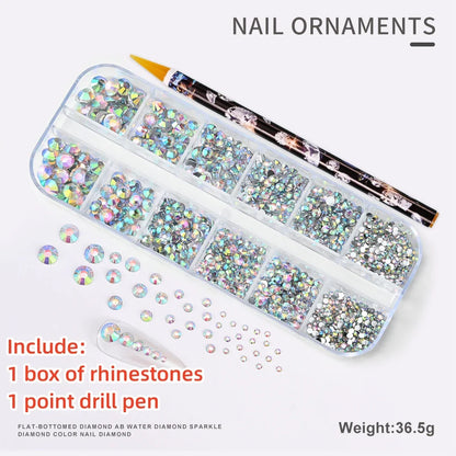 12-Grid 3D Glass AB Crystal Nail Art Rhinestones Kit – Flatback Round Beads with Tools for Nail Jewelry & Diamond Decoration