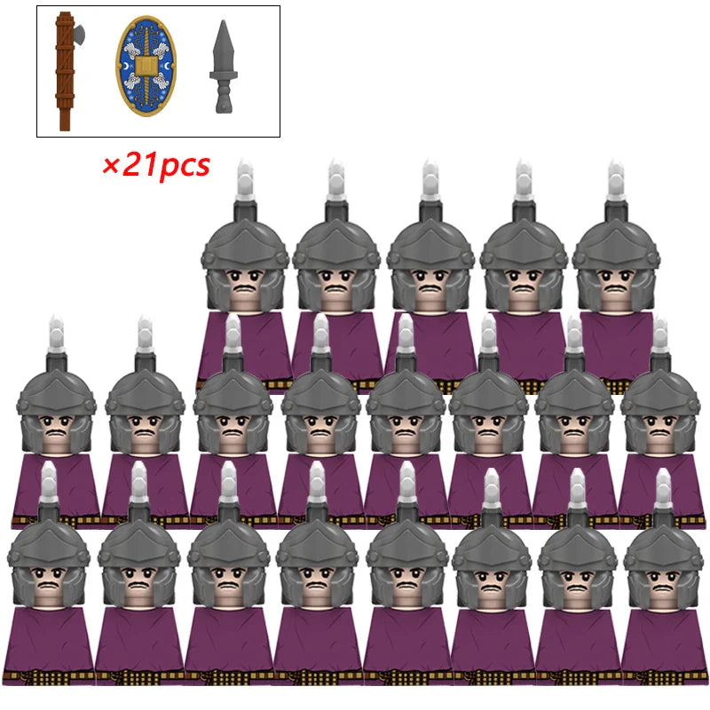 21PCS MOC Medieval Knights & Roman Legion Soldiers Building Blocks Set Warrior Figures with Weapons Helmet Bricks Toy Collection