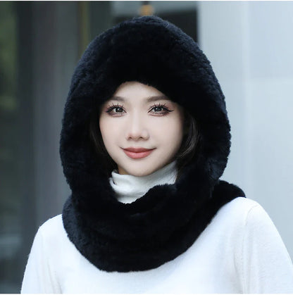 2025 Women’s Knitted Rex Rabbit Fur Hat – Hooded Scarf with Neck Collar, Long Winter Warm Fur Hat & Scarf Set