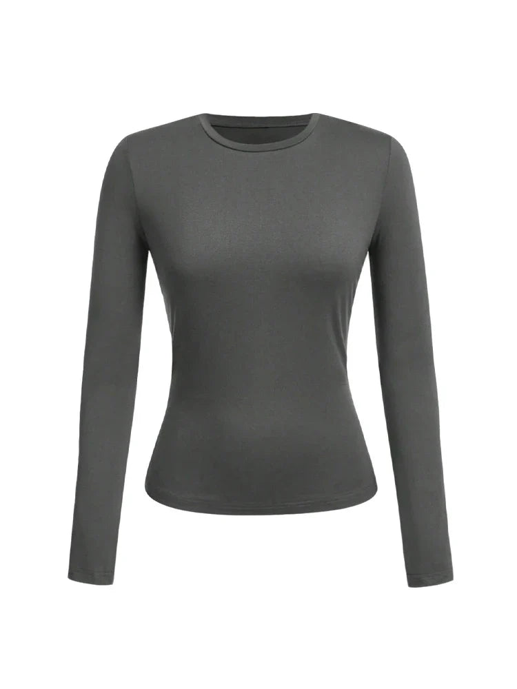 Women's Solid Color Long Sleeve T-Shirt – Round Neck Knitted Polyester Regular Fit Fall Winter Top